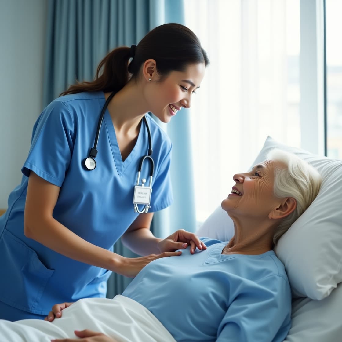 Compassionate Filipino nurse providing care to elderly patient